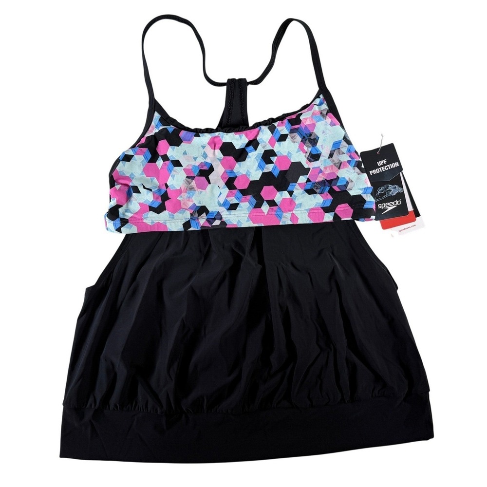 Speedo Women's Blouson Tankini Swim Top Size M Geometric Black Colorful NWT